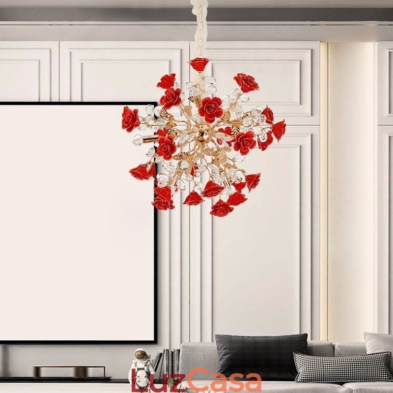 Lustre de cerâmica com pingente de luxo e flor vermelha