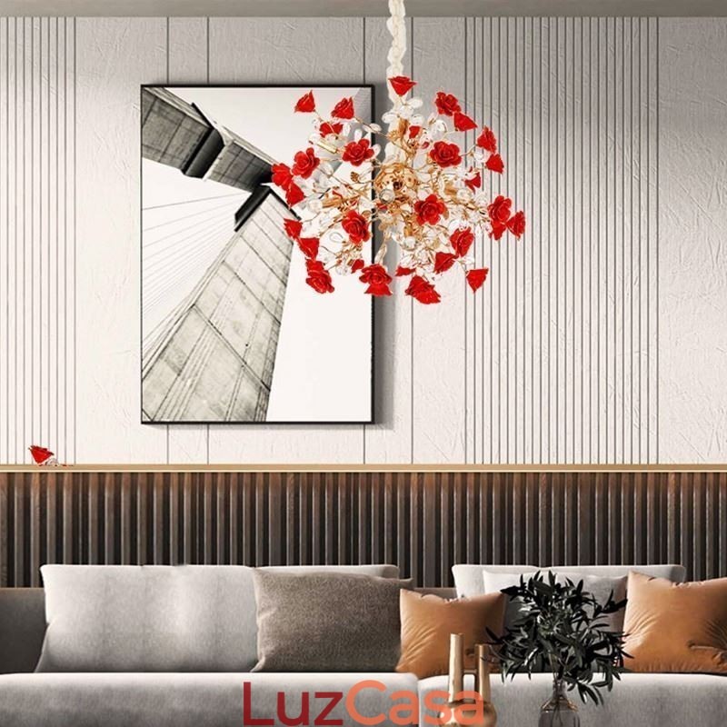 Lustre de cerâmica com pingente de luxo e flor vermelha