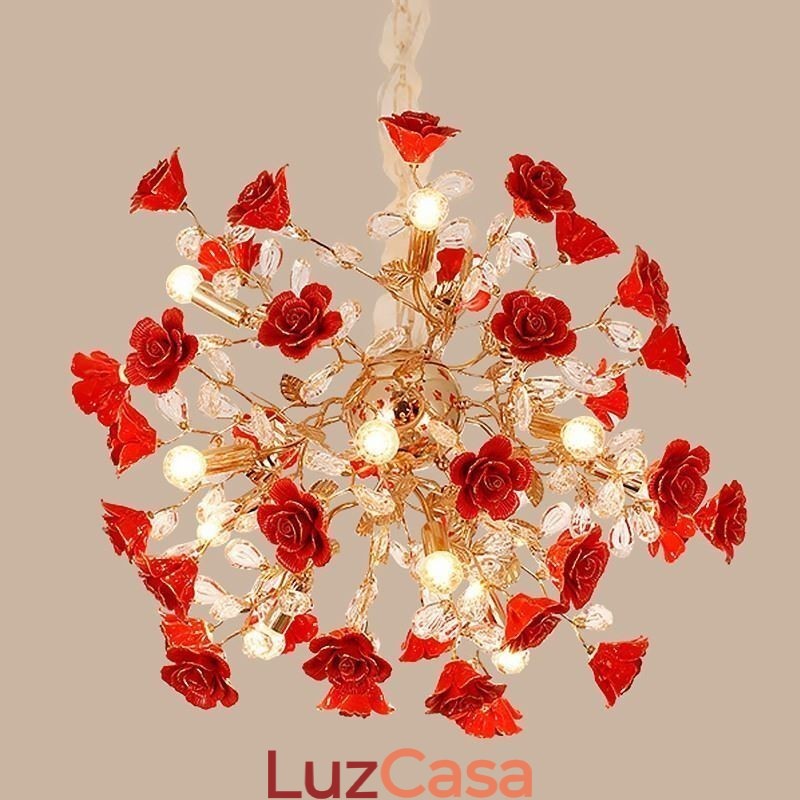 Lustre de cerâmica com pingente de luxo e flor vermelha