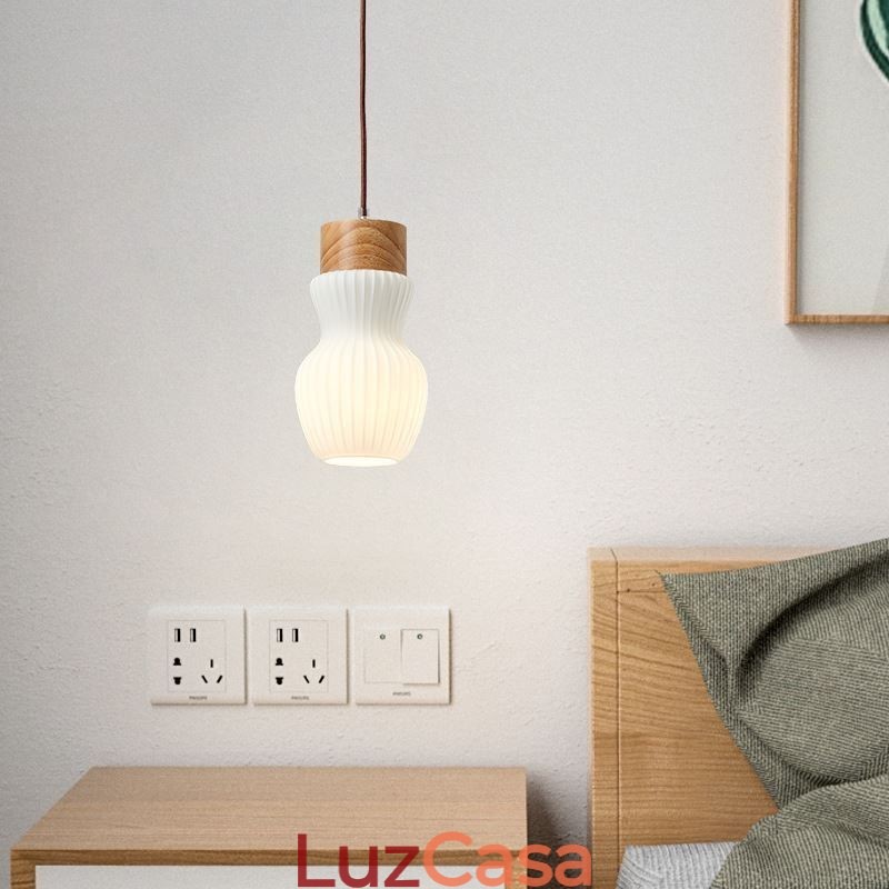 Luminária pendente de madeira japonesa, chaleira de vidro, luminária suspensa