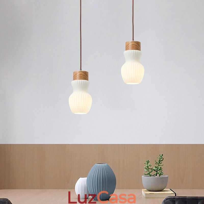 Luminária pendente de madeira japonesa, chaleira de vidro, luminária suspensa