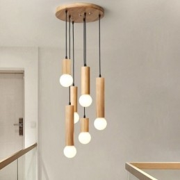 Luminária pendente de madeira japonesa 6 luzes luz suspensa