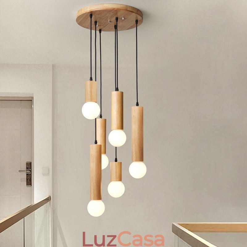 Luminária pendente de madeira japonesa 6 luzes luz suspensa