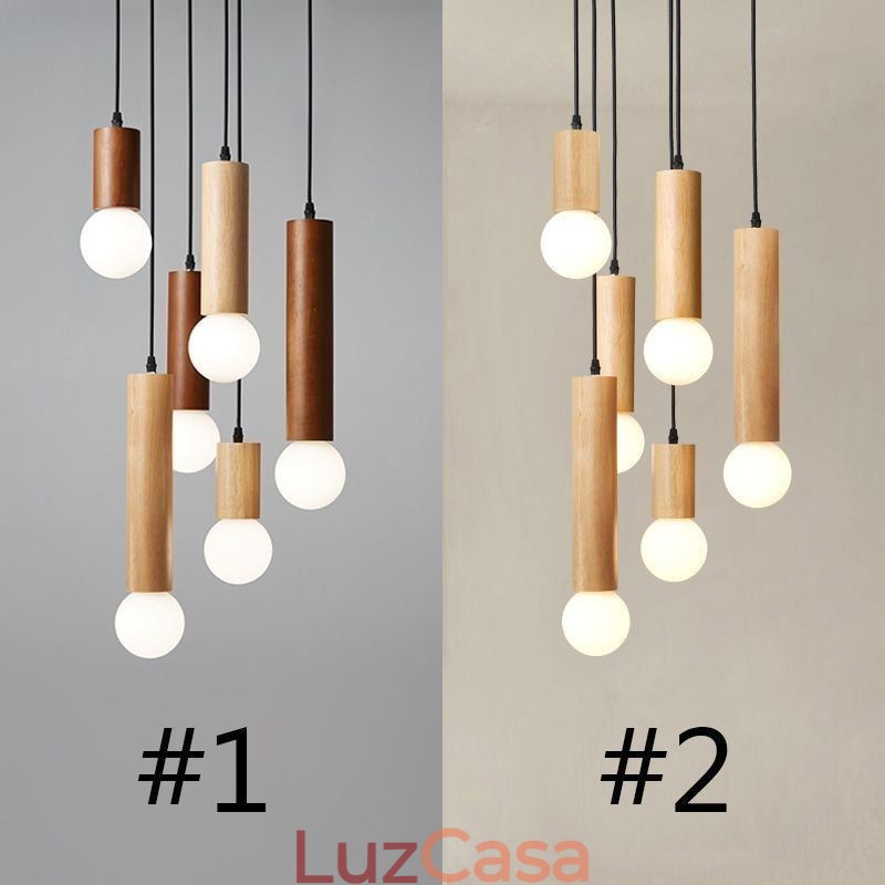 Luminária pendente de madeira japonesa 6 luzes luz suspensa