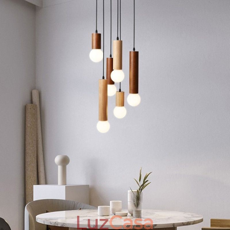 Luminária pendente de madeira japonesa 6 luzes luz suspensa