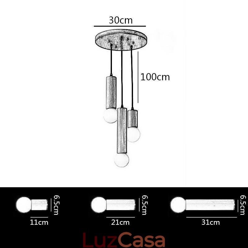 Luminária pendente de madeira japonesa 3 luzes luz suspensa