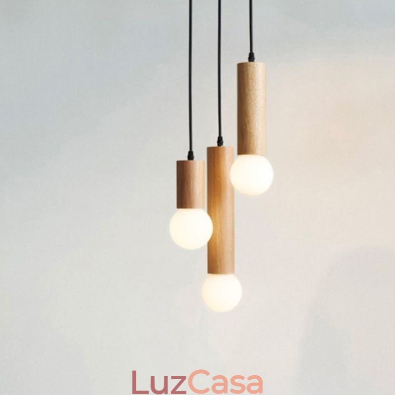 Luminária pendente de madeira japonesa 3 luzes luz suspensa