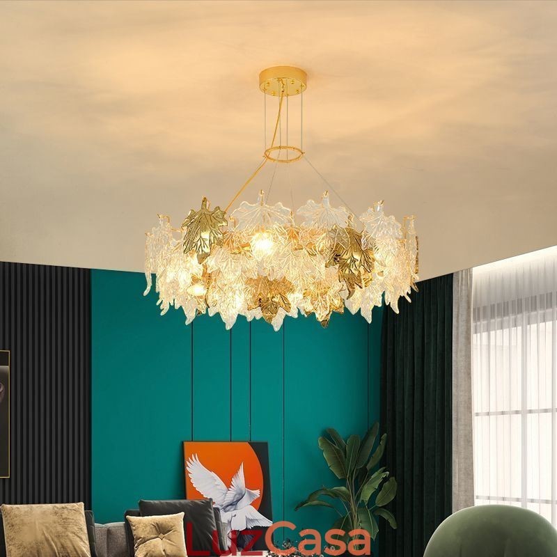 Folha de bordo pingente luz decoração europeia casa lustre de vidro