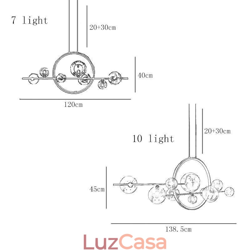 Lustre de metal moderno com bolhas de vidro transparente e lâmpadas pendentes