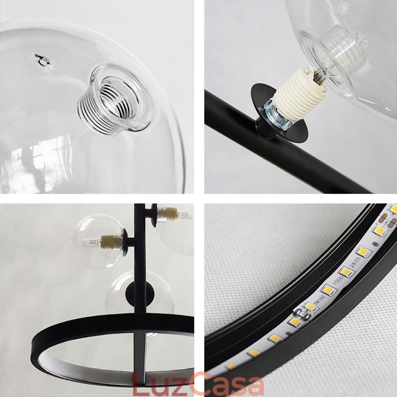 Lustre de metal moderno com bolhas de vidro transparente e lâmpadas pendentes