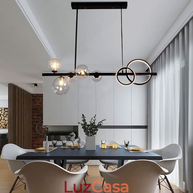 Moderno Vidro Bolha Pendente Luz Preto Longo Suporte Lâmpadas