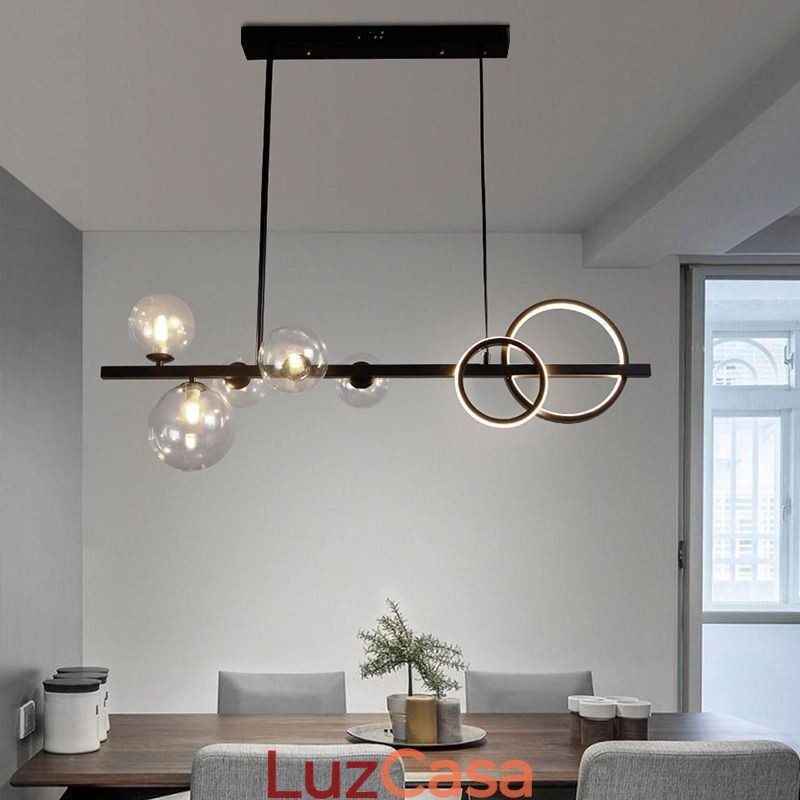 Moderno Vidro Bolha Pendente Luz Preto Longo Suporte Lâmpadas