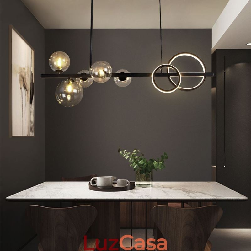 Moderno Vidro Bolha Pendente Luz Preto Longo Suporte Lâmpadas