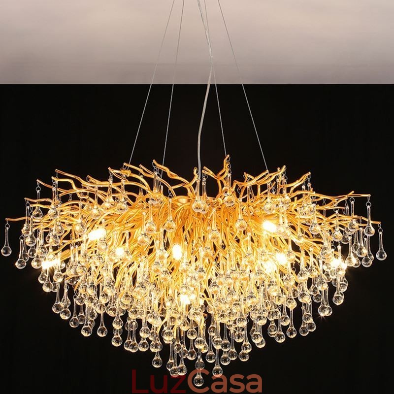 Lustre de cristal nórdico flor redonda abajur luxo dourado pingente luz