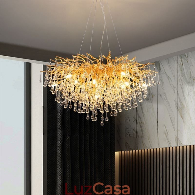 Lustre de cristal nórdico flor redonda abajur luxo dourado pingente luz