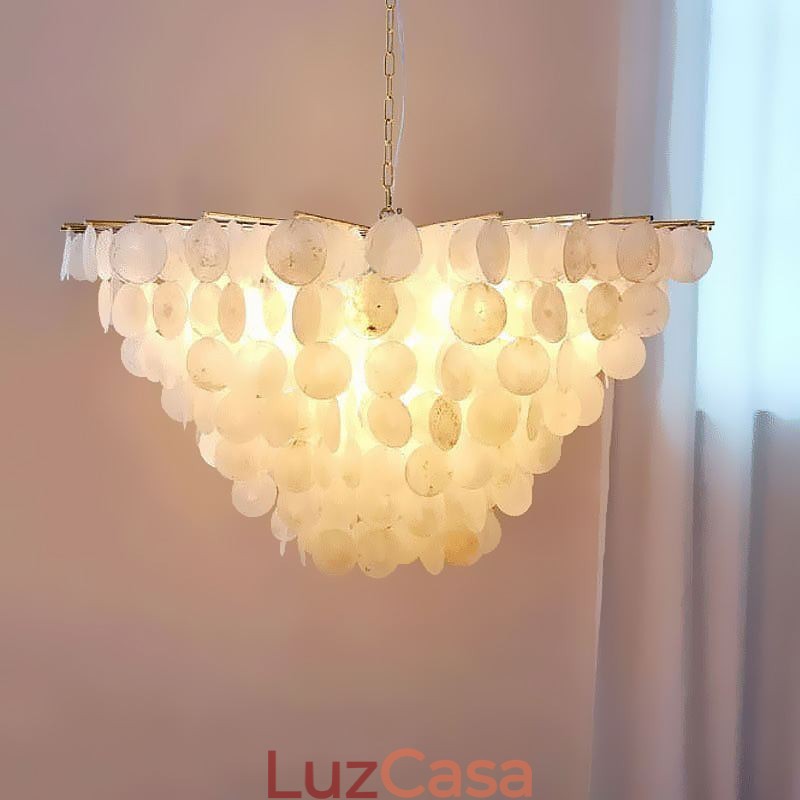 Lustre de concha natural redondo em camadas luz suspensa jantar