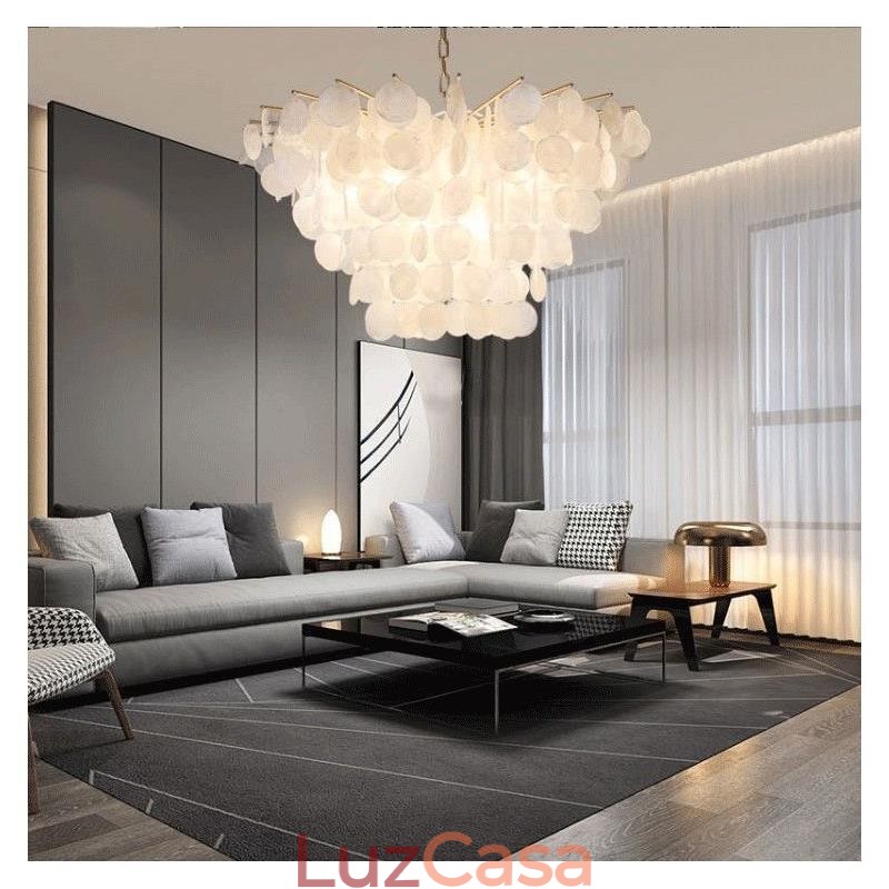 Lustre de concha natural redondo em camadas luz suspensa jantar
