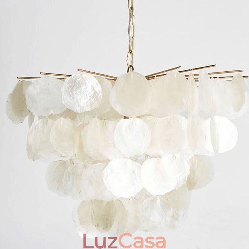 Lustre de concha natural redondo em camadas luz suspensa jantar