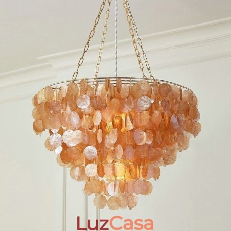 Lustre de concha natural redondo em camadas pendurado marrom claro preto