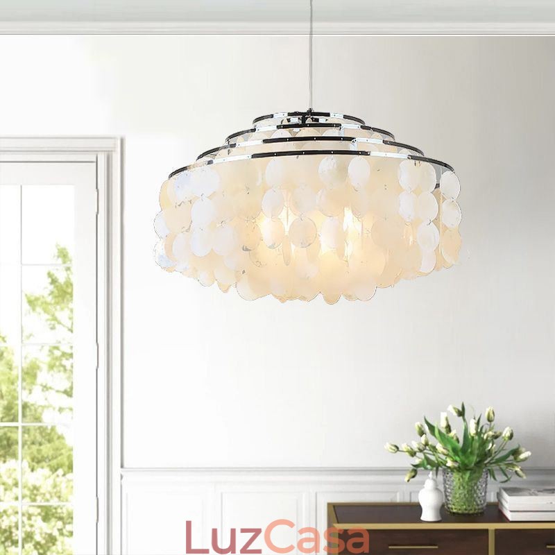 Lustre moderno Raindrop, abajur de concha branca, iluminação pendente de teto