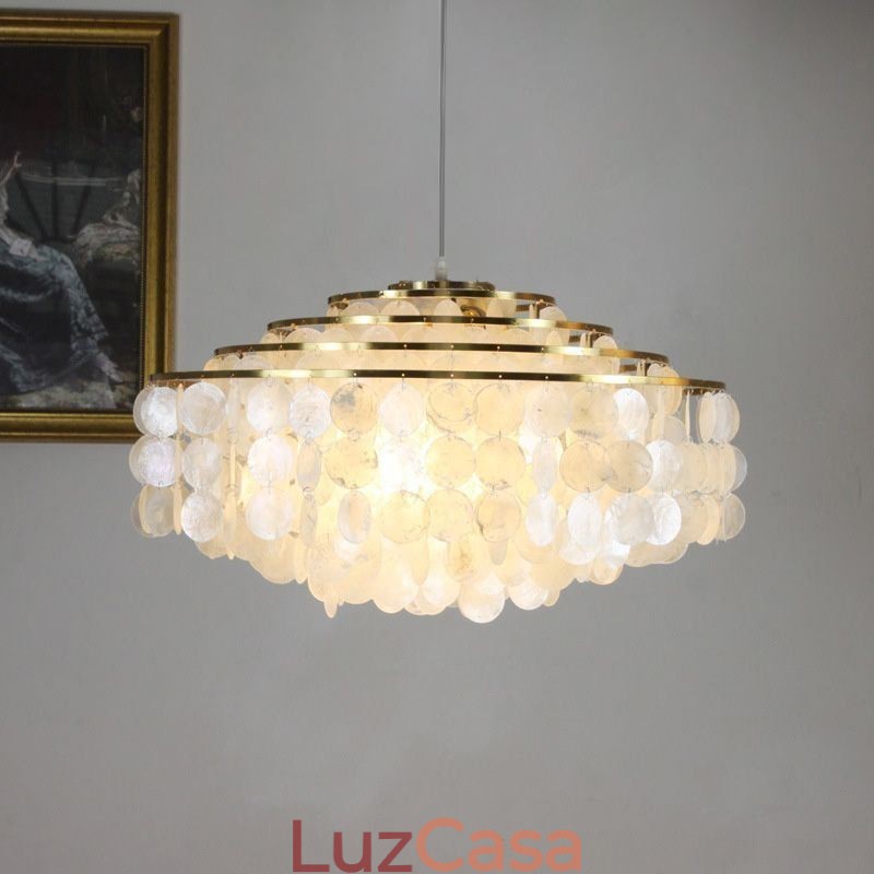 Lustre moderno Raindrop, abajur de concha branca, iluminação pendente de teto