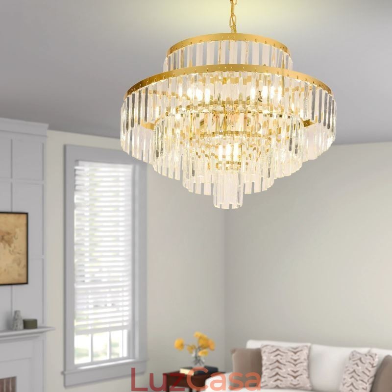 Luminária pendente de cristal dourado 4 níveis iluminação de teto 7 luzes