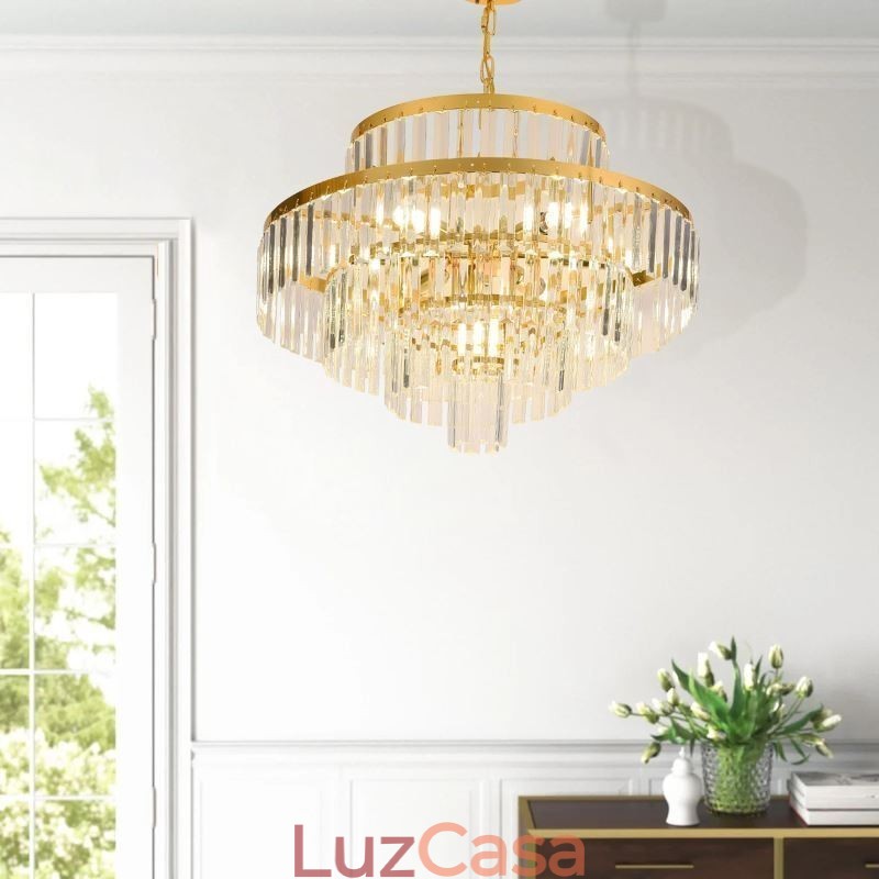 Luminária pendente de cristal dourado 4 níveis iluminação de teto 7 luzes