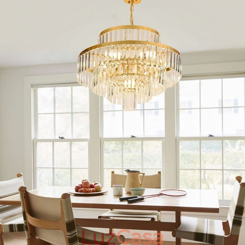 Luminária pendente de cristal dourado 4 níveis iluminação de teto 7 luzes