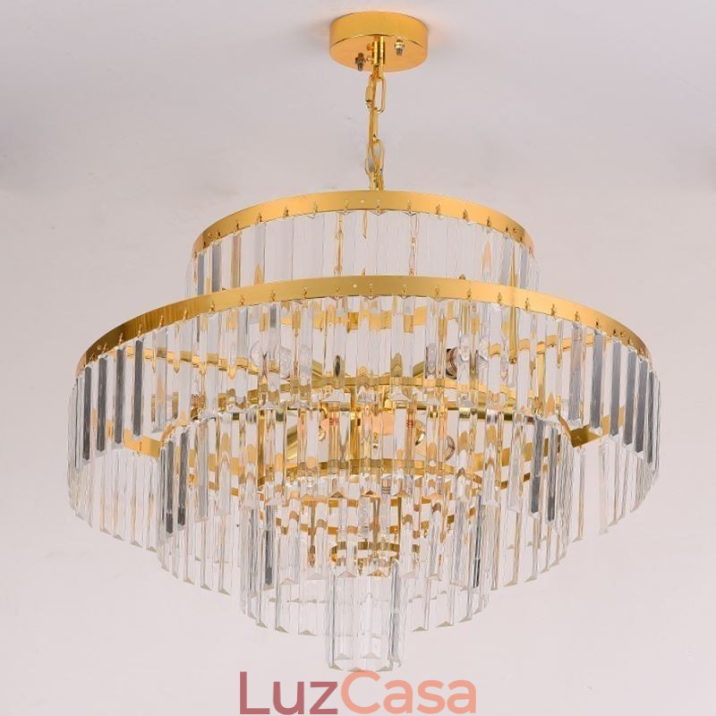 Luminária pendente de cristal dourado 4 níveis iluminação de teto 7 luzes