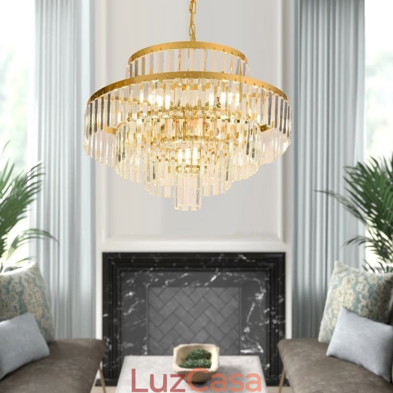 Luminária pendente de cristal dourado 4 níveis iluminação de teto 7 luzes