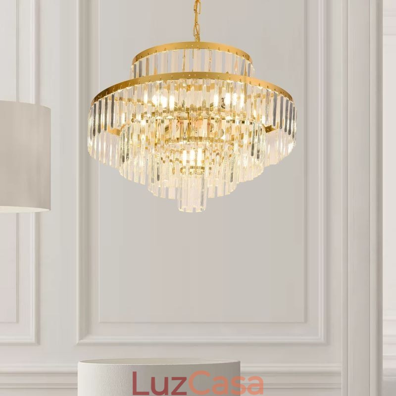 Luminária pendente de cristal dourado 4 níveis iluminação de teto 7 luzes