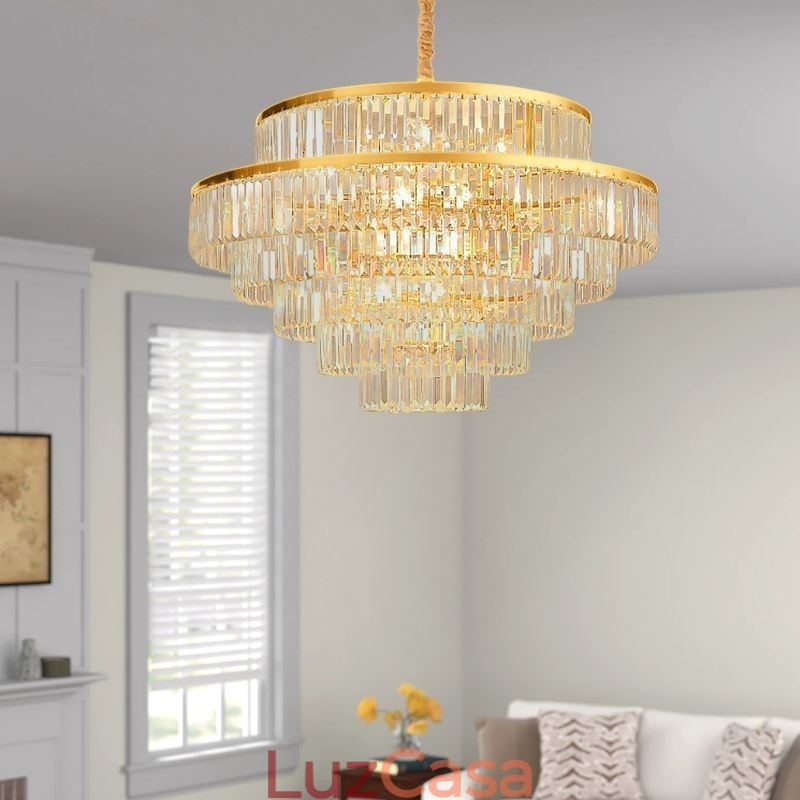 Luminária pendente de cristal dourado 5 níveis iluminação de teto 7 luzes
