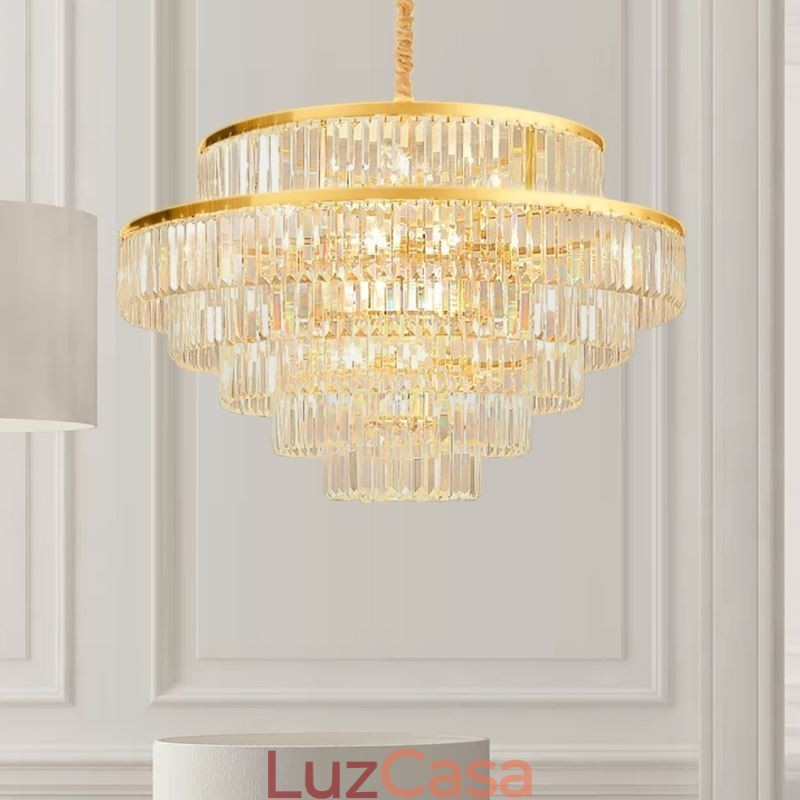 Luminária pendente de cristal dourado 5 níveis iluminação de teto 7 luzes