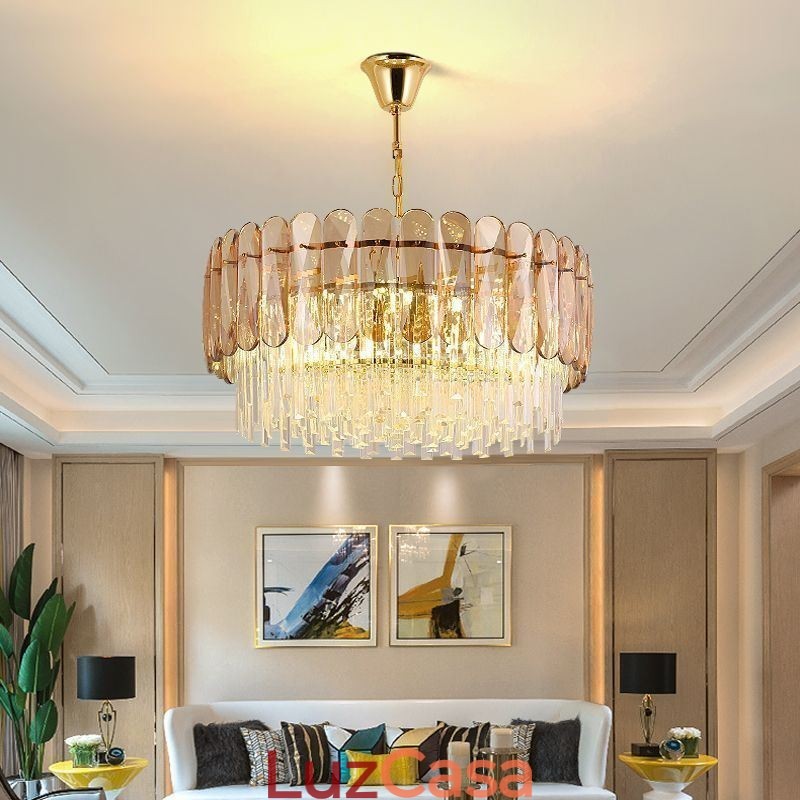 Luminária pendente de luxo em cristal dourado para teto