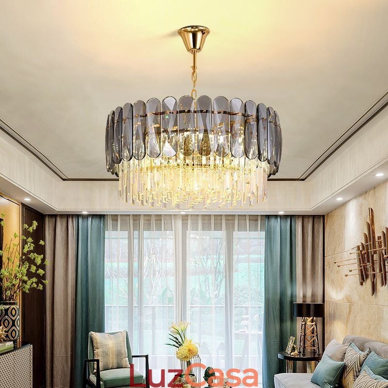 Luminária pendente de luxo em cristal dourado para teto