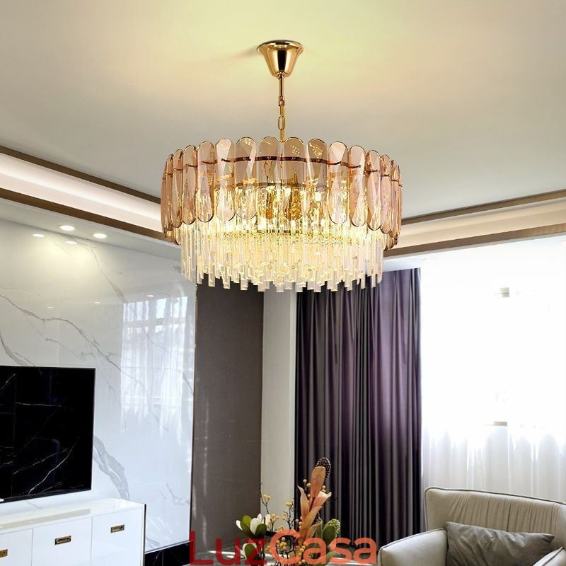 Luminária pendente de luxo em cristal dourado para teto