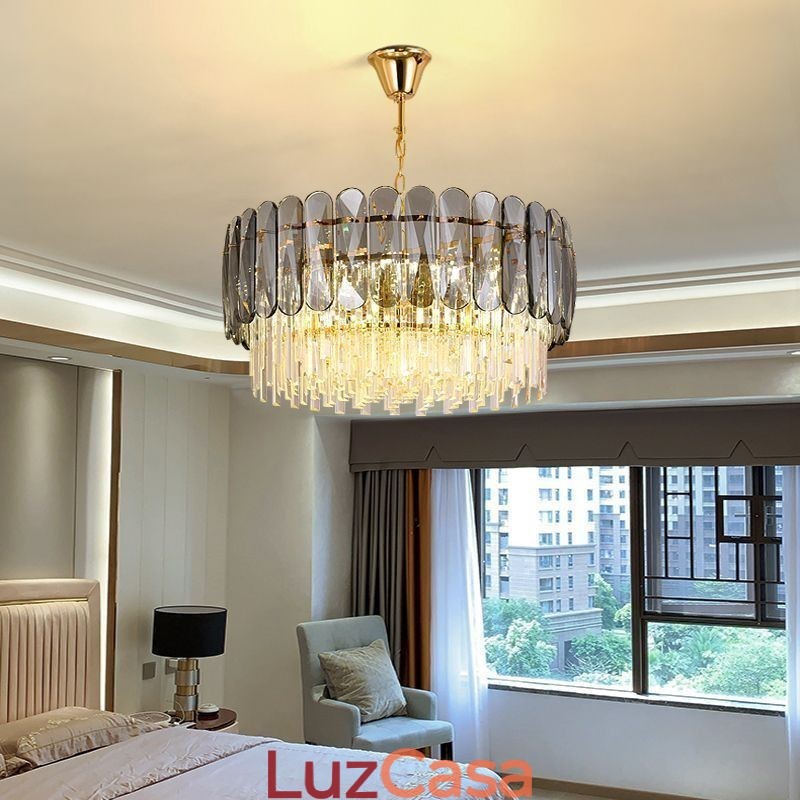 Luminária pendente de luxo em cristal dourado para teto