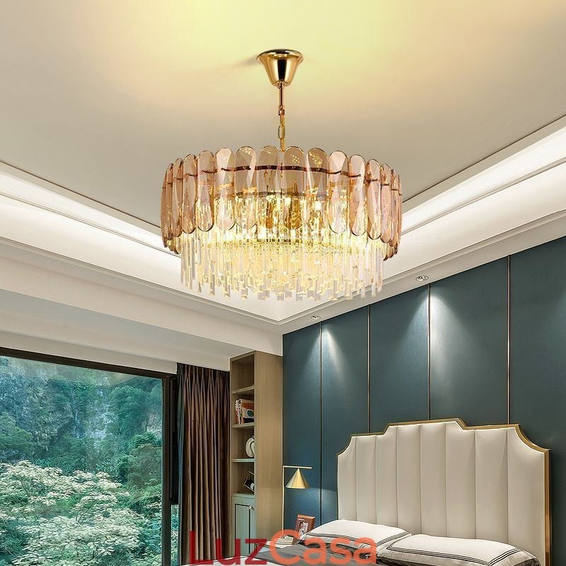 Luminária pendente de luxo em cristal dourado para teto