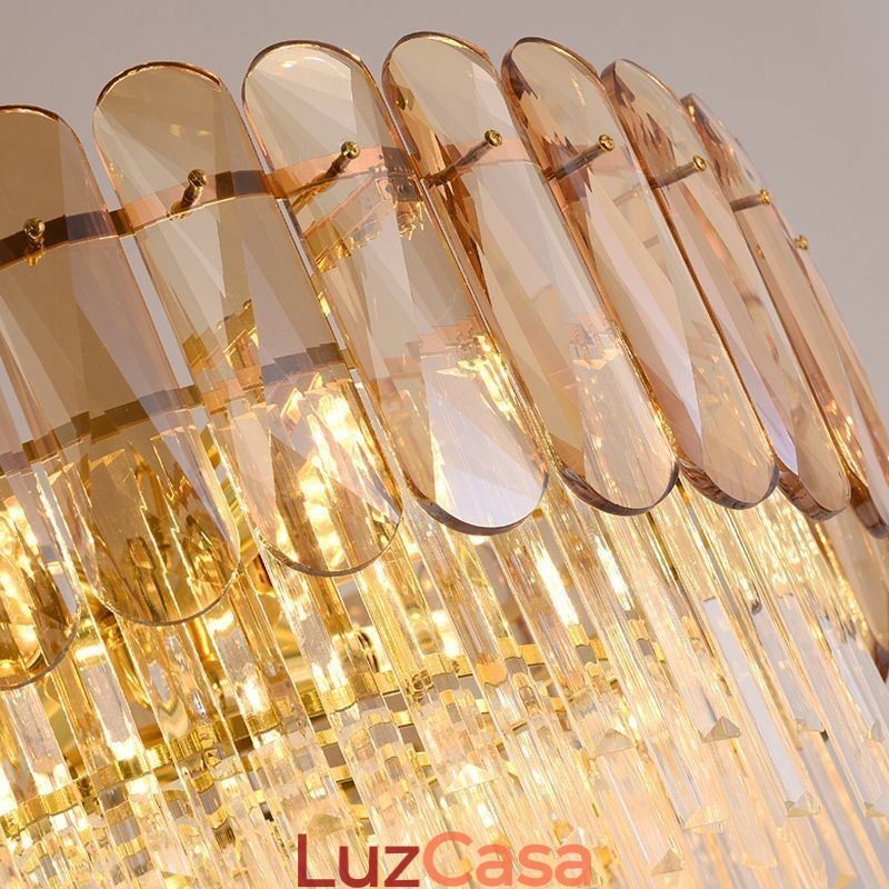 Luminária pendente de luxo em cristal dourado para teto