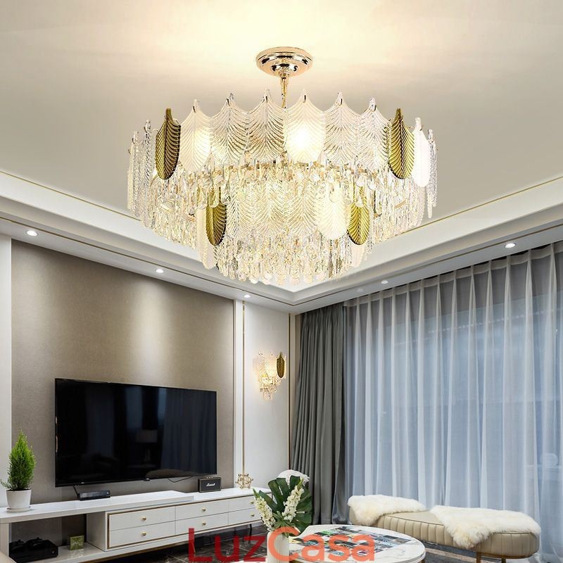 Luminária de teto de cristal com pingente de folha luxuosa