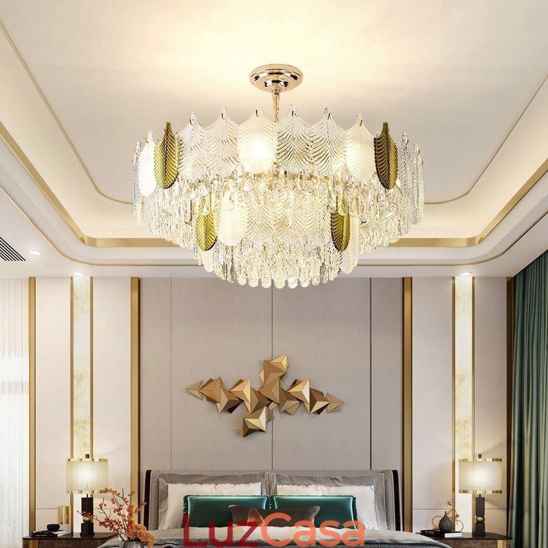 Luminária de teto de cristal com pingente de folha luxuosa
