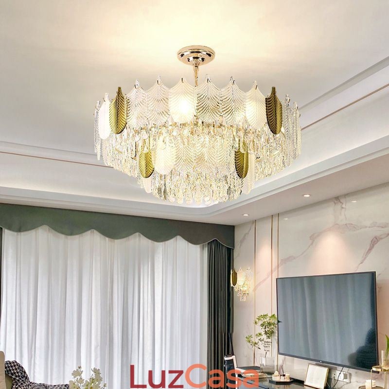 Luminária de teto de cristal com pingente de folha luxuosa