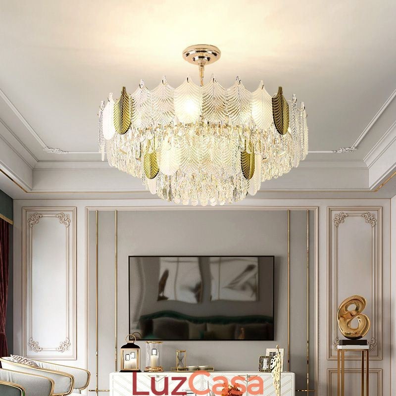 Luminária de teto de cristal com pingente de folha luxuosa