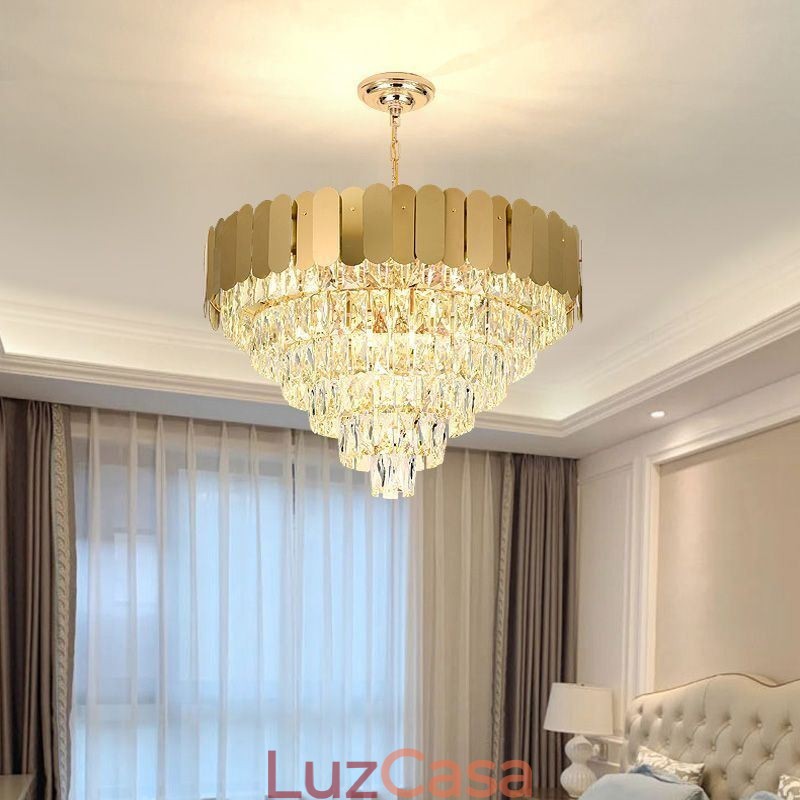 Luminária pendente de cristal moderna e elegante, luminária de teto cônica