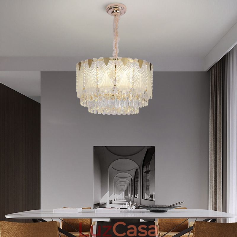Luminária pendente de cristal com renda redonda para teto