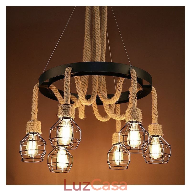 Estilo Retro 6 Cabeças Pendente Luz Corda De Cânhamo Lustre Com Abajur De Ferro