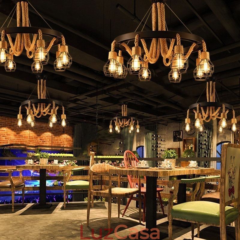 Estilo Retro 6 Cabeças Pendente Luz Corda De Cânhamo Lustre Com Abajur De Ferro