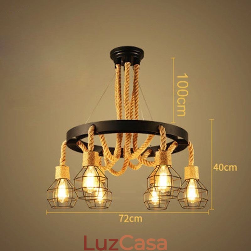 Estilo Retro 6 Cabeças Pendente Luz Corda De Cânhamo Lustre Com Abajur De Ferro