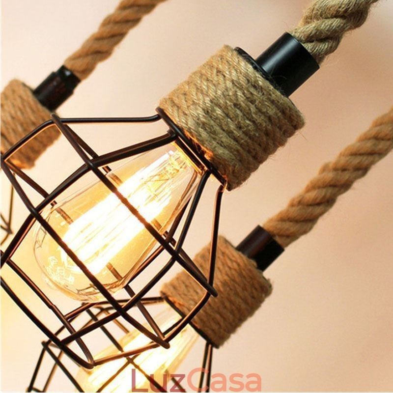 Estilo Retro 6 Cabeças Pendente Luz Corda De Cânhamo Lustre Com Abajur De Ferro