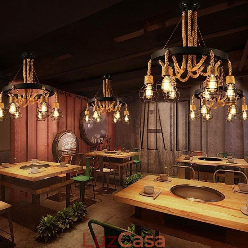 Estilo Retro 6 Cabeças Pendente Luz Corda De Cânhamo Lustre Com Abajur De Ferro